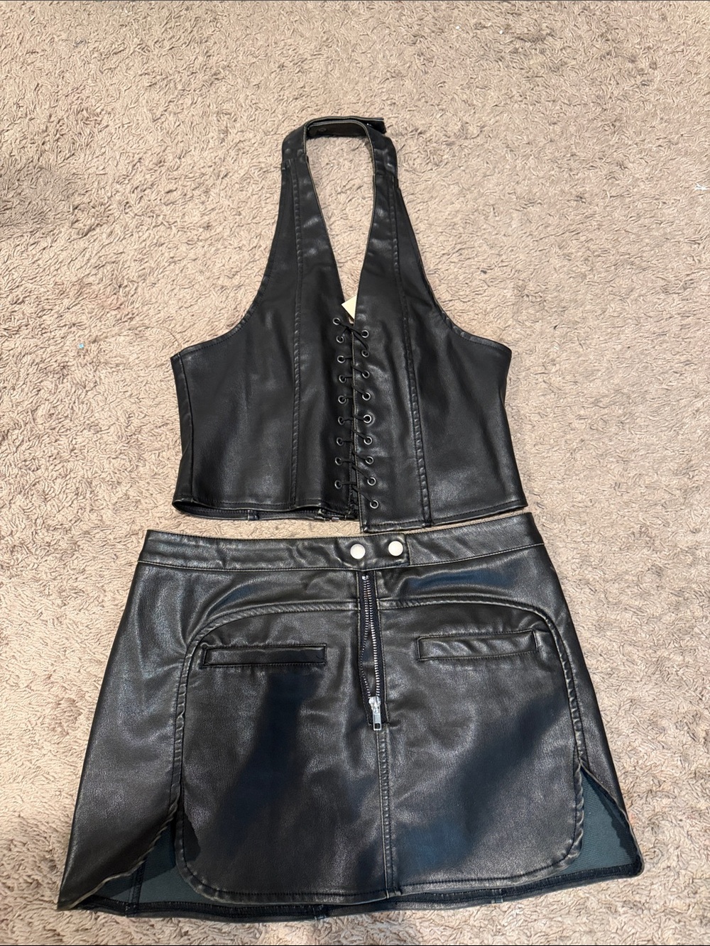 Black Faux Leather Lace-Up Halter Crop Top & Mini Skirt Set